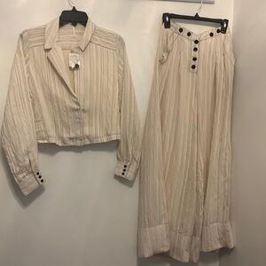 Free people Linen Two set High Waist Wide Leg Striped Pants and Cropped Jacket
